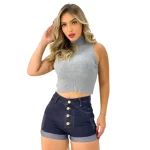 Bermuda Jeans Feminina Lavagem Escura Curta - Cintura Alta e Estilo Sofisticado - Imagem 3
