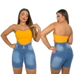 Bermuda Jeans Feminina com Ilhós e Cós Alto Sofisticado