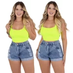 Bermuda Jeans Feminina Destroyed Cós Alto - Barra Dobrada