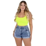Bermuda Jeans Feminina Destroyed Cós Alto - Barra Dobrada - Imagem 4